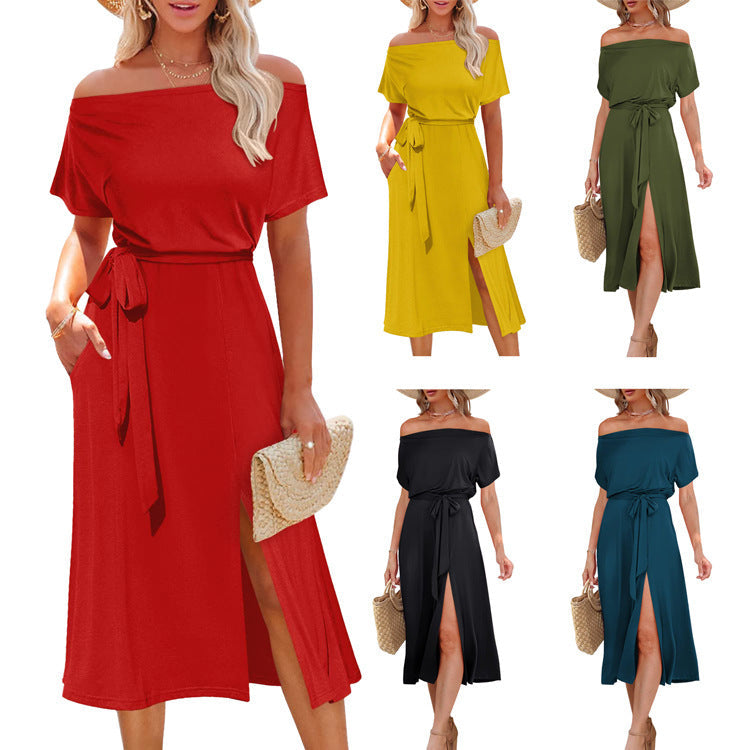 Damen Off-Shoulder Maxikleid mit Taillengürtel und seitlichem Schlitz R&B