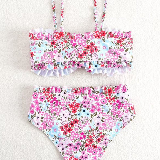 Damen Bikini-Set mit fröhlichem Blumenmuster und gerafftem Bustier R&B