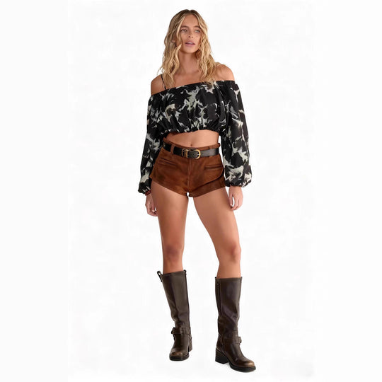 Damen trendige Schulterfreie Bluse mit voluminösen Ärmeln und eleganten Details R&B