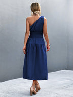 Damen Midikleid mit schnörkellosem Ein-Schulter-Design und elastischem Taillenband R&B