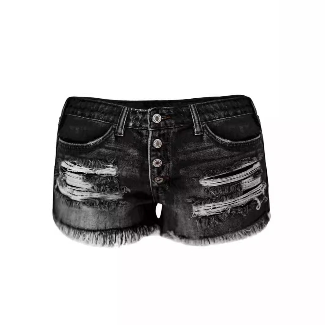Damen lässige Destroyed Denim-Shorts mit Knopfdetails und fransigem Saum R&B