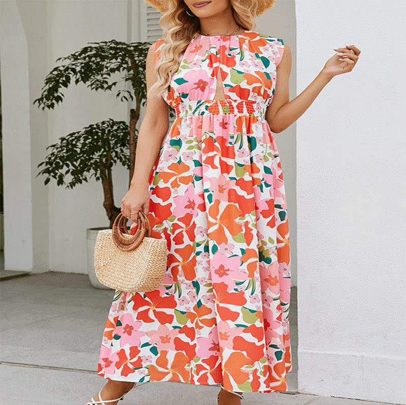 Damen Maxikleid mit Blumendesign und elastischem Bund R&B