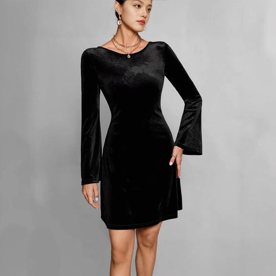 Damen Elegantes und samtiges Midikleid mit langen Ärmeln R&B