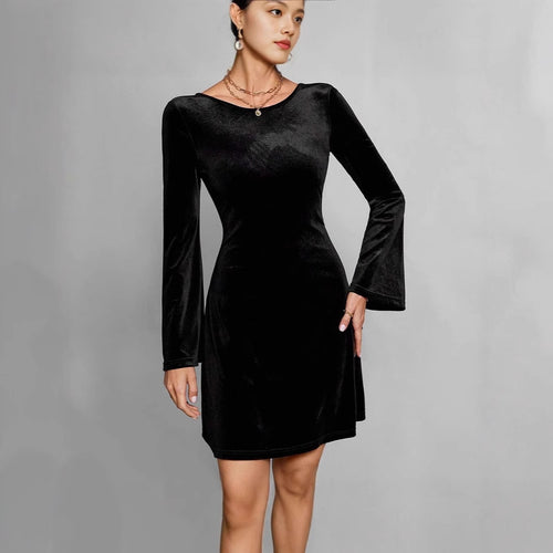 Damen Elegantes und samtiges Midikleid mit langen Ärmeln R&B