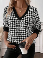 Damen V-Ausschnitt Strickpullover mit Hahnentrittmuster R&B