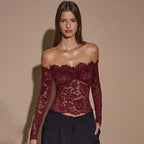 Damen Spitzencrop-Top mit Off-Shoulder Design und Rüschendetails R&B