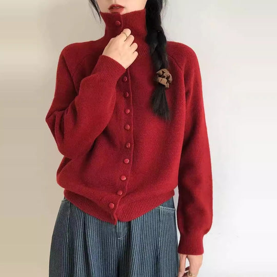 Damen Strickjacke mit hoch geschlossenem Kragen und dekorativen Knöpfen R&B