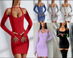 Damen Einseitig Offenes Mini-Kleid mit Langarm R&B
