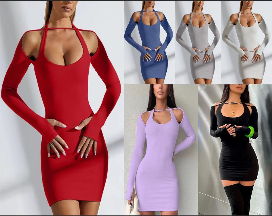 Damen Einseitig Offenes Mini-Kleid mit Langarm R&B