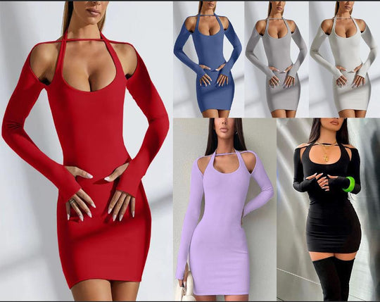 Damen Einseitig Offenes Mini-Kleid mit Langarm R&B