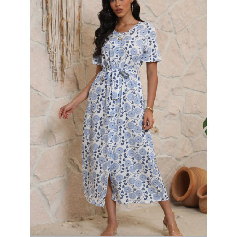 Damen Langarmmaxikleid mit floralem Design und elegantem Bindegürtel R&B