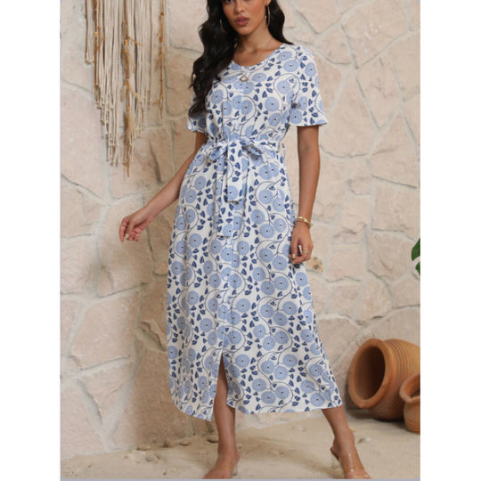 Damen Langarmmaxikleid mit floralem Design und elegantem Bindegürtel R&B