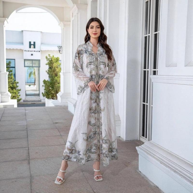 Damen Elegante Kaftan mit floralem Design und transparenten Ärmeln R&B