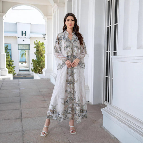 Damen Elegante Kaftan mit floralem Design und transparenten Ärmeln R&B