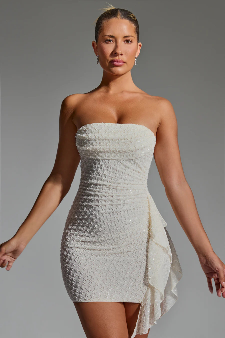 Damen Mini-Kleid mit raffinierten Rüschendetails und elastischer Struktur R&B