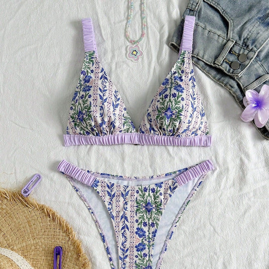 Damen Triangel-Bikini mit floralem Design und Rüschendetails R&B
