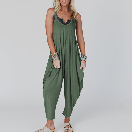 Damen bequemer Jumpsuit mit lässigem Schnitt und tiefem V-Ausschnitt R&B