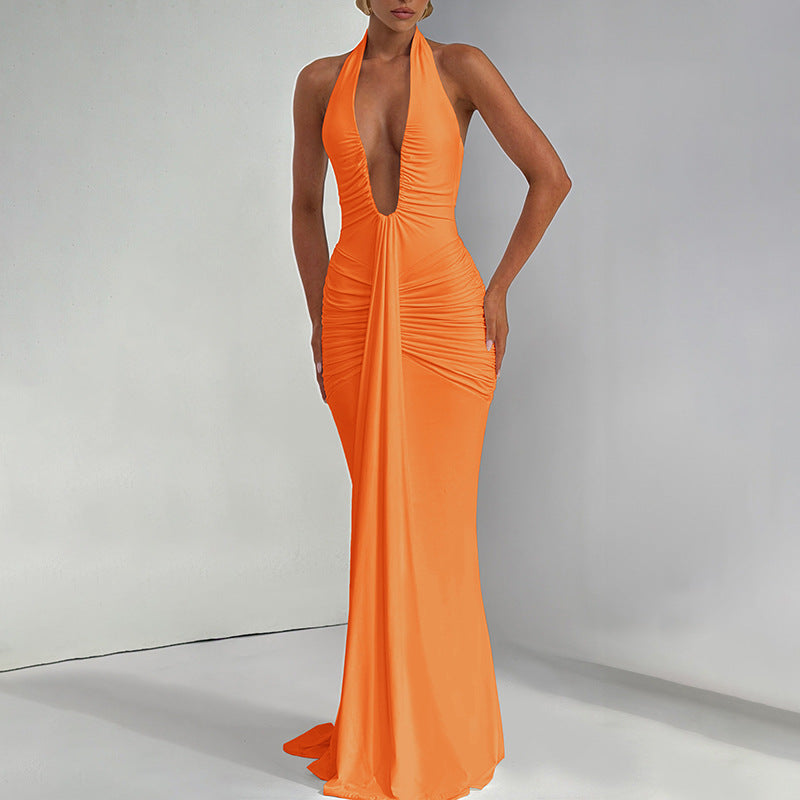 Damen Elegantes Maxikleid mit raffinierten Drapierungen und tiefem V-Ausschnitt R&B
