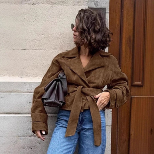 Damen Modische Wildlederjacke mit Gürtel und tailliertem Schnitt R&B