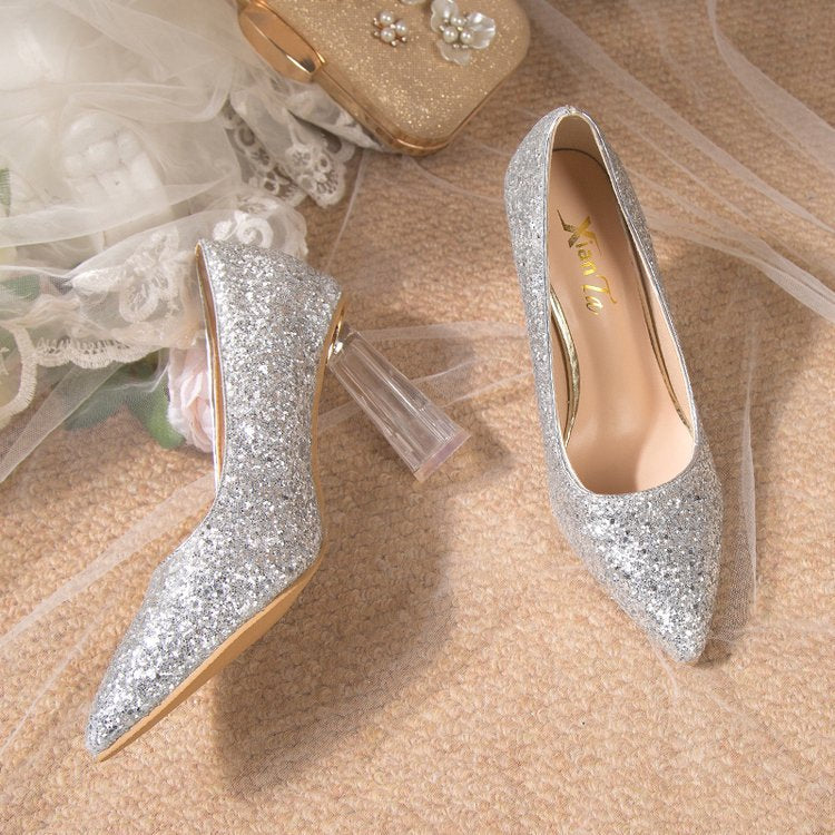 Damen Glitzernde High Heels mit transparentem Blockabsatz R&B