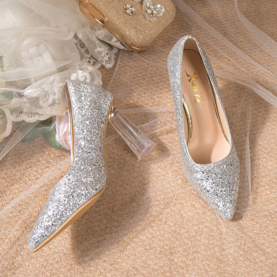 Damen Glitzernde High Heels mit transparentem Blockabsatz R&B