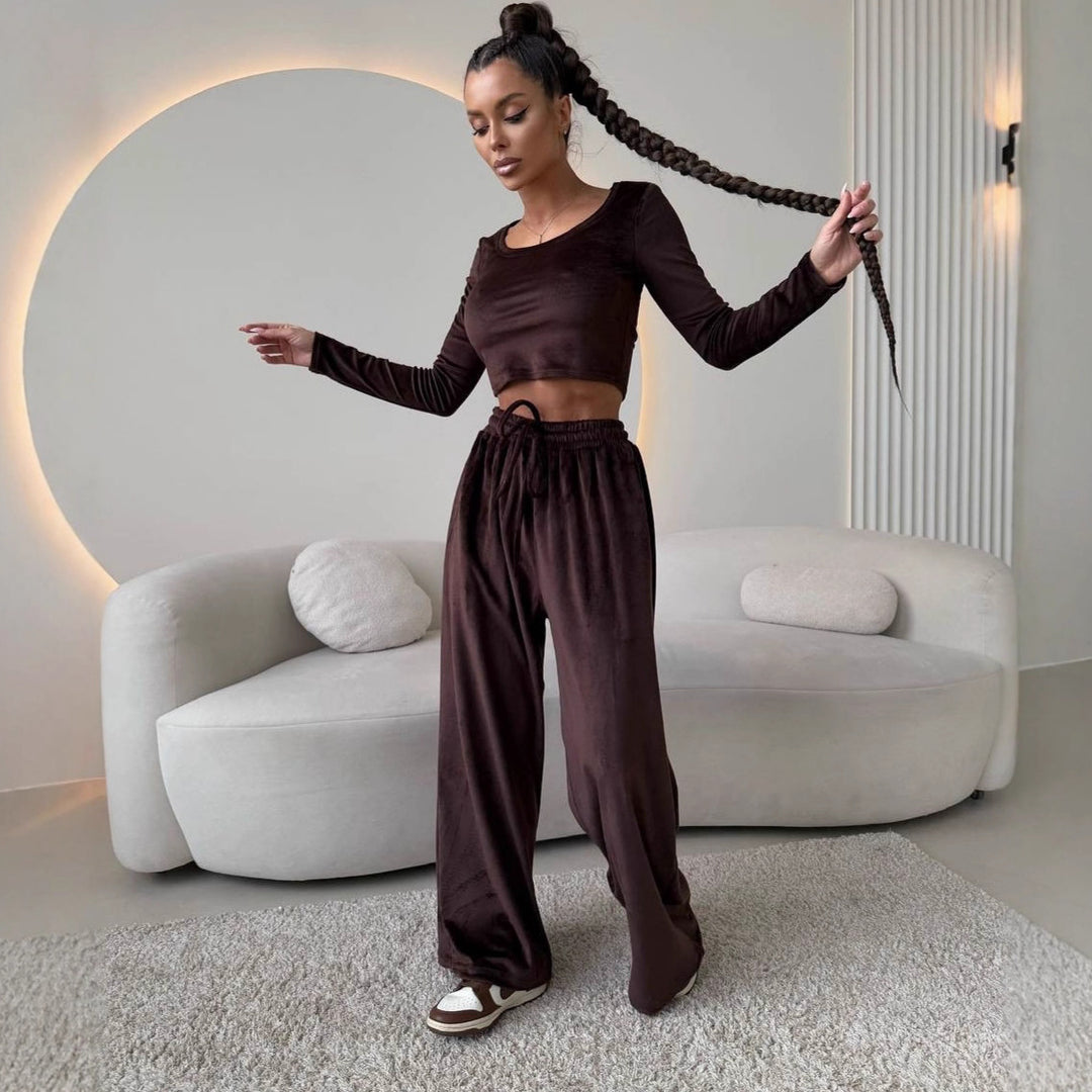 Damen lässiges Crop-Oberteil und weite Hose Set R&B
