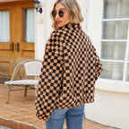 Damen Plüschjacke mit Karomuster und hohem Kragen R&B