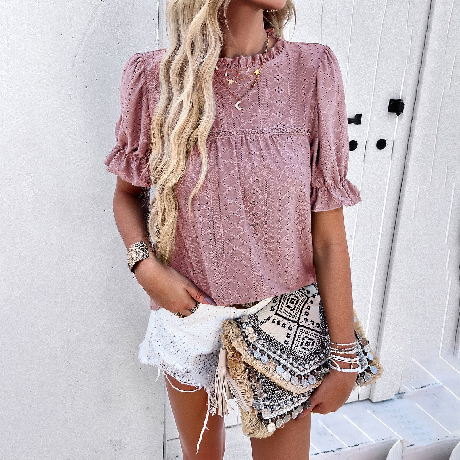 Damen Baumwoll-Bluse mit Rüschendetails R&B
