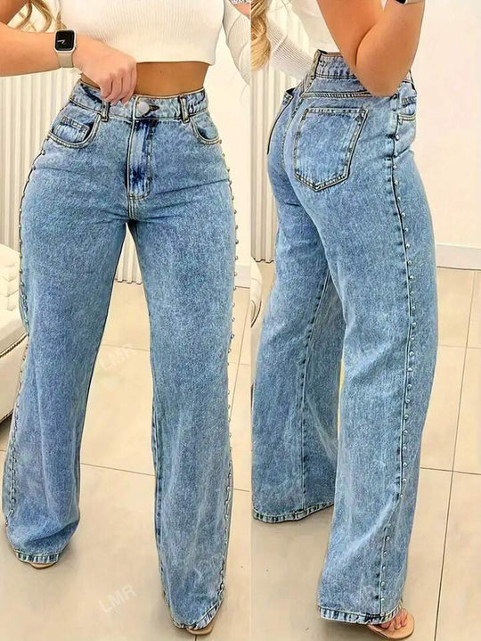 Damen Weite Denim-Jeans mit ausgefallenem Schnitt und dekorativen Knopfdetails R&B