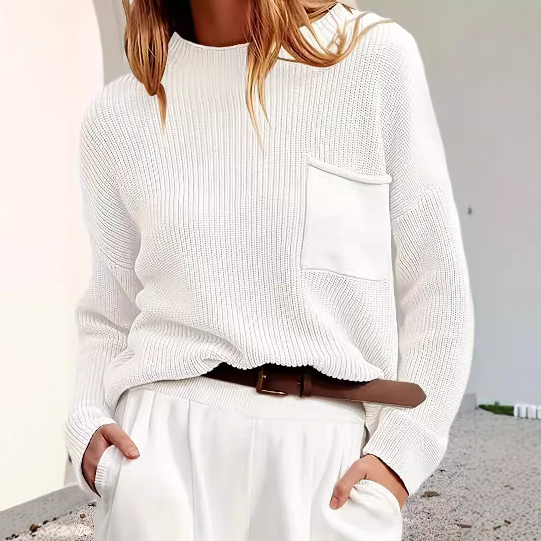 Damen Strickpullover mit hohem Kragen und Brusttasche R&B