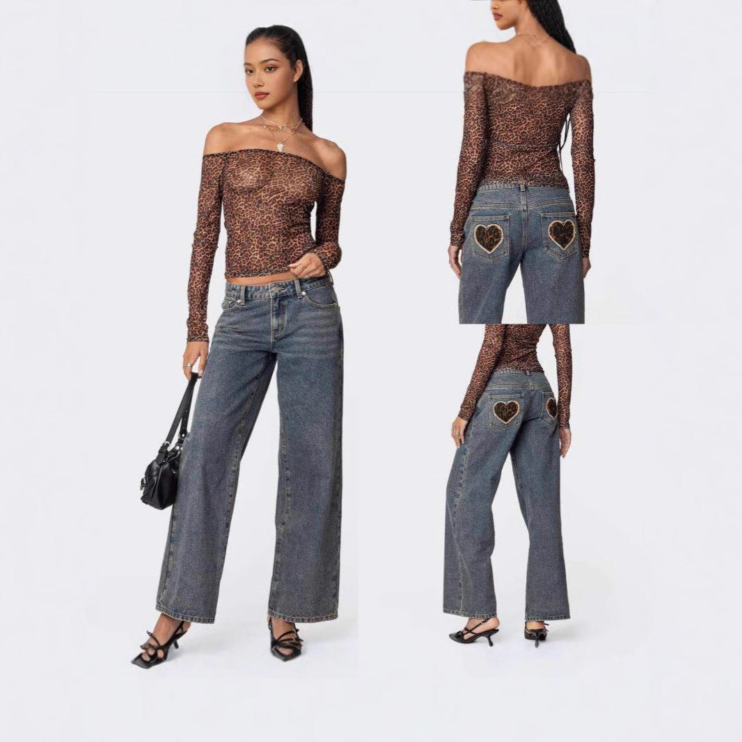 Damen figurbetontes Langarmshirt mit Leopardenmuster und Off-Shoulder