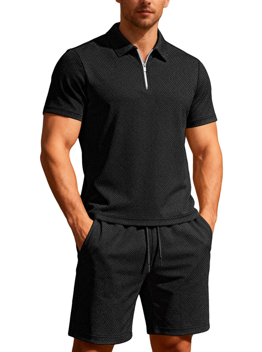 Herren nan komfortables Lounge-Zweiteiler aus strukturierter Baumwollmischung mit Halbzip-Poloshirt und Kordel-Shorts R&B