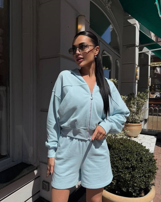 Damen lässiges Cropped Hoodie- und Shorts-Set mit praktischen Kordelzügen R&B