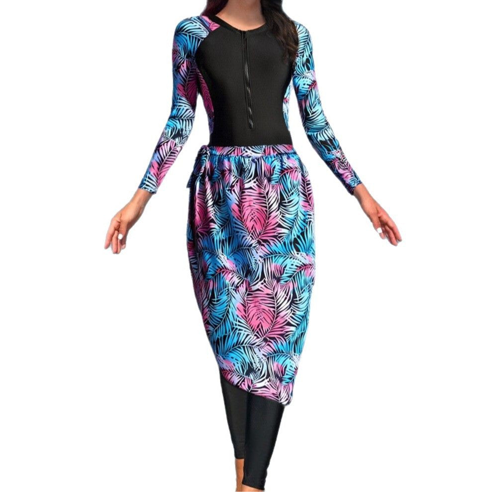 Damen Modischer UV-Schutz-Schwimmanzug mit langen Ärmeln und elegantem Rock R&B