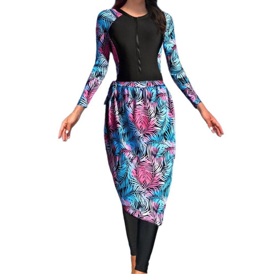 Damen Modischer UV-Schutz-Schwimmanzug mit langen Ärmeln und elegantem Rock R&B