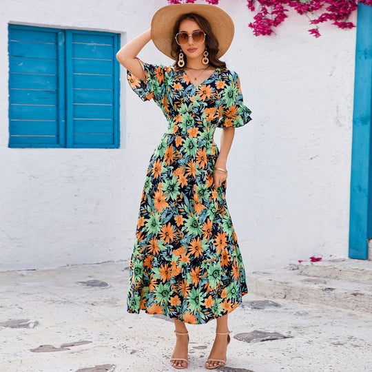 Damen Maxikleid mit voluminösen Ärmeln und fröhlichem Blumenmuster R&B