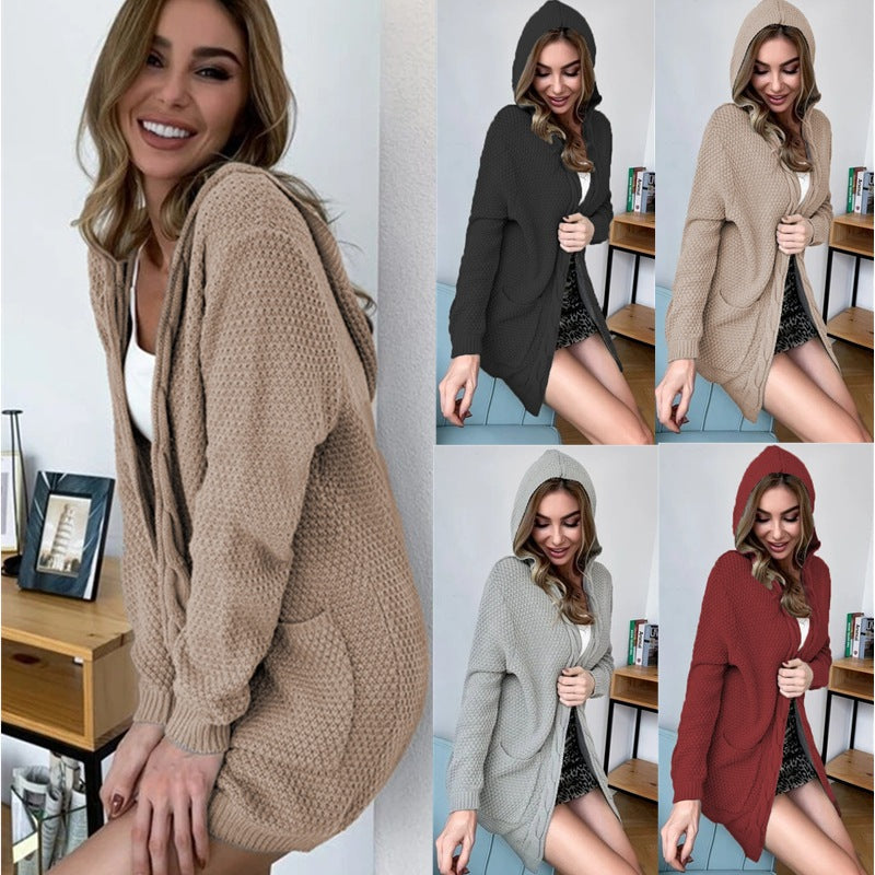 Damen Strickjacke mit Kapuze und großen Taschen R&B
