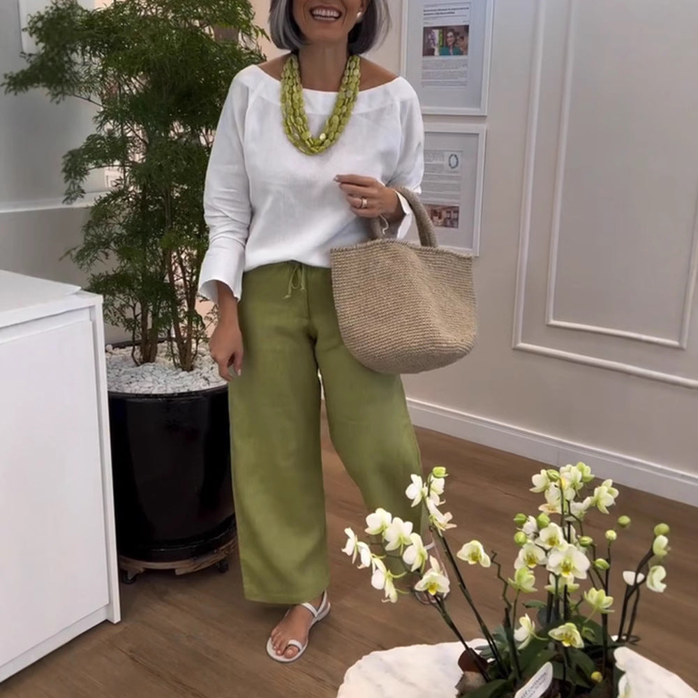 Damen Leichte Leinenhose mit elastischem Bund und weiteren Beinen Heidi-Mode