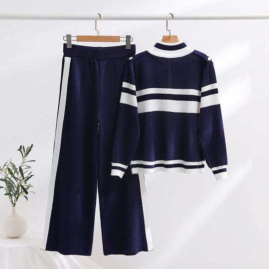 Damen sportliches Strick-Loungewear-Set mit geripptem Design und praktischen Taschen R&B
