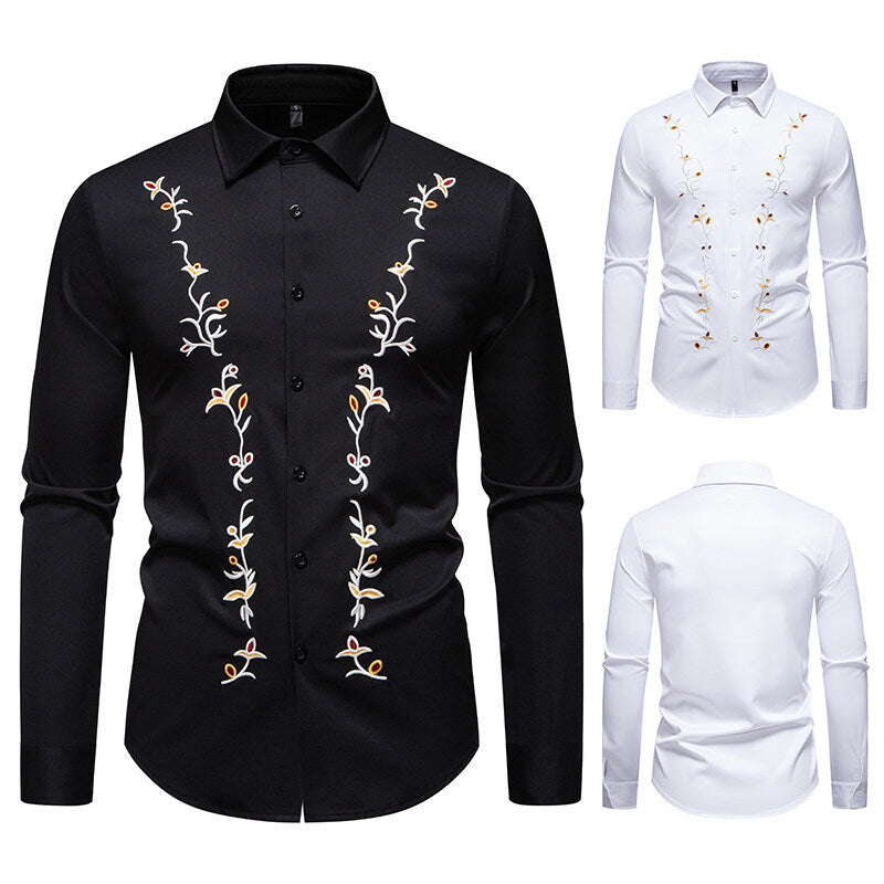 Herren Langarmhemd mit floralen Stickereien