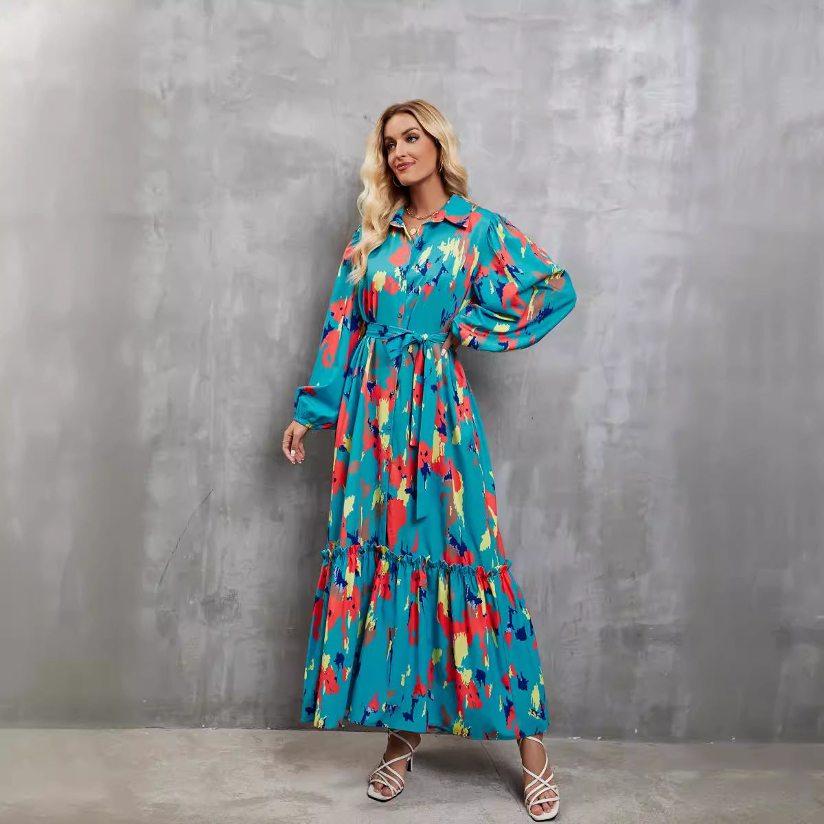 Damen Maxikleid mit voluminösen Ärmeln und schickem Bindegürtel R&B