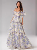 Damen Elegantes Maxikleid mit schulterfreien Rüschenärmeln und floralen Akzenten EB