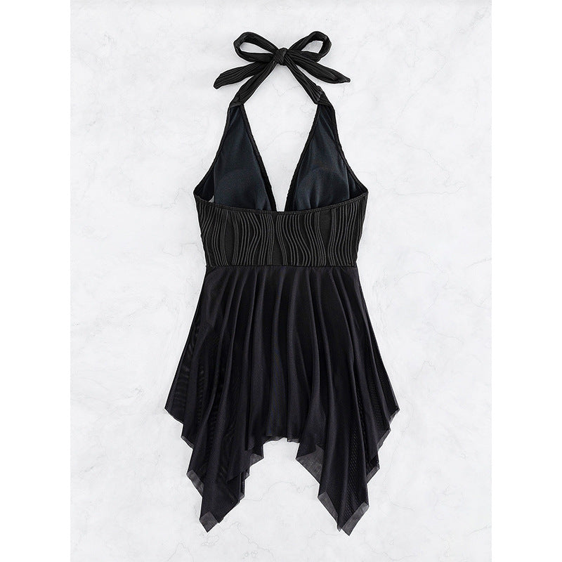 Damen Eleganter Wickel-Badeanzug mit tiefem V-Ausschnitt und Chiffonrock R&B