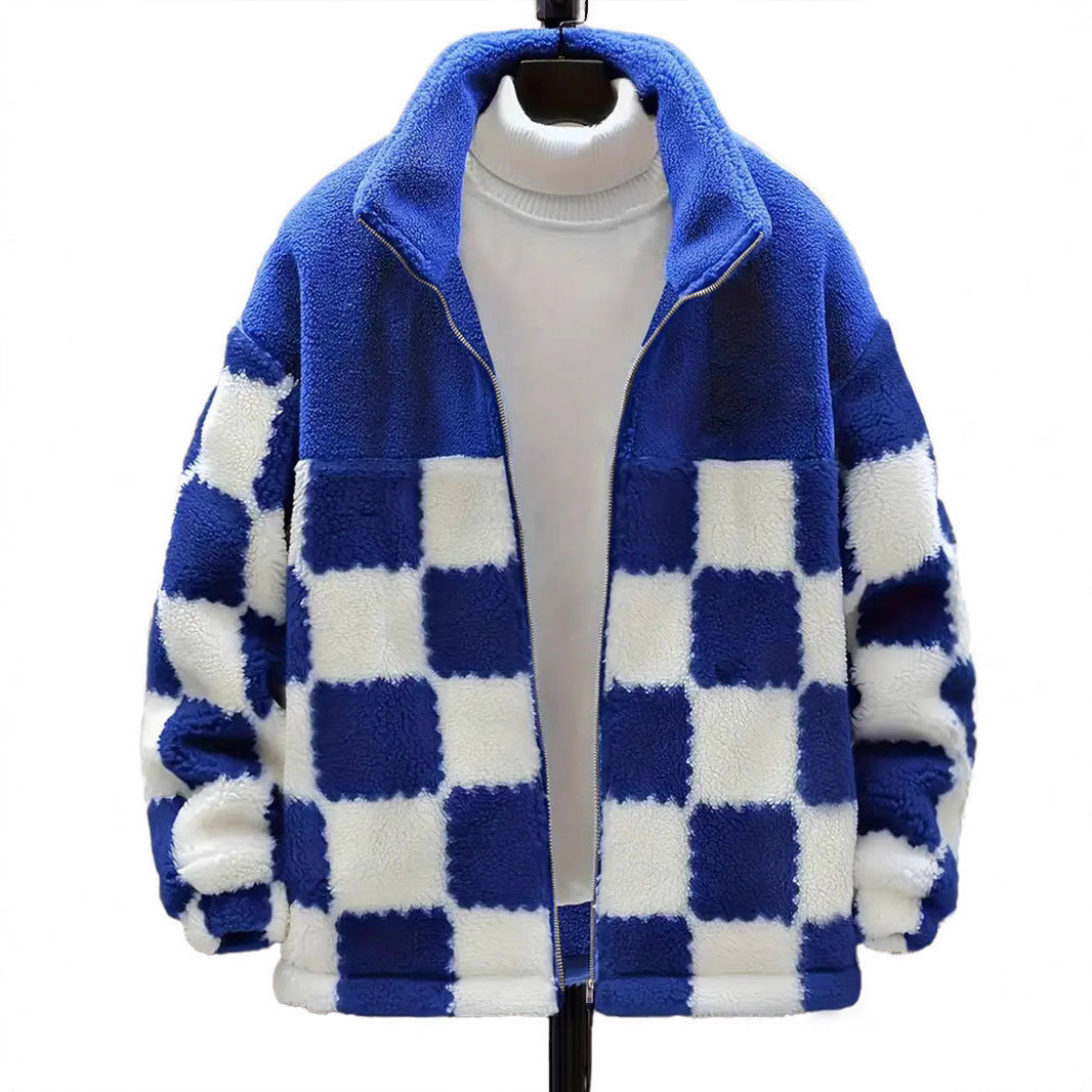 Damen Fleecejacke mit Karo-Design und hohem Kragen