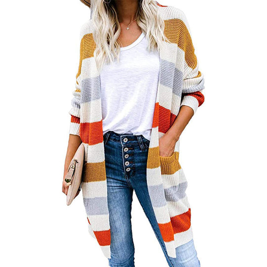 Damen lässige Strickjacke mit modischem Streifenmuster und praktischen Taschen R&B