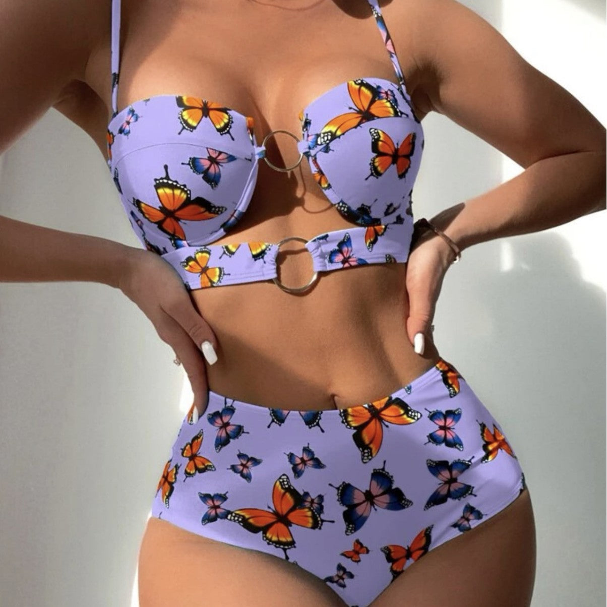 Damen Push-Up Bikini mit floralen Schmetterlingsmotiven R&B