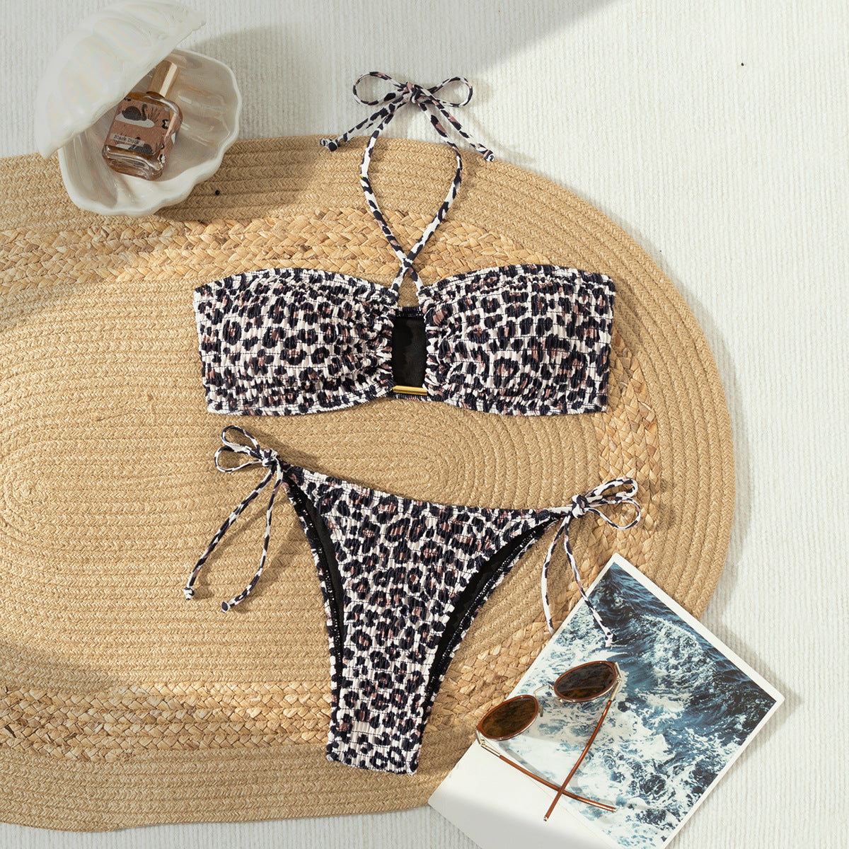 Damen Bandeau-Bikini mit stylischem Leo-Muster und verstellbaren Trägern R&B