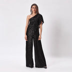 Damen Einseitiger Pailletten Jumpsuit mit Weiter Hose Heidi-Mode