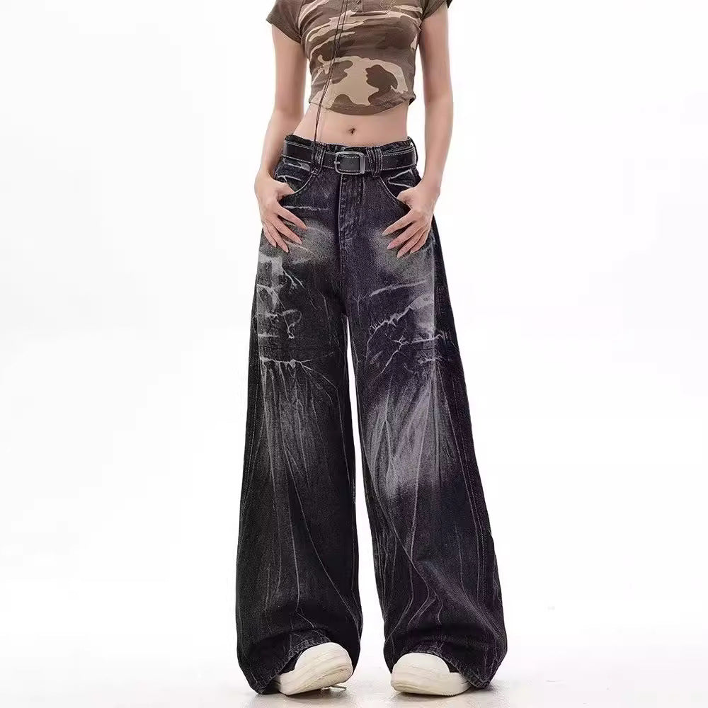 Damen Weite Jeanshose mit modischem Used-Look und hohem Bund R&B