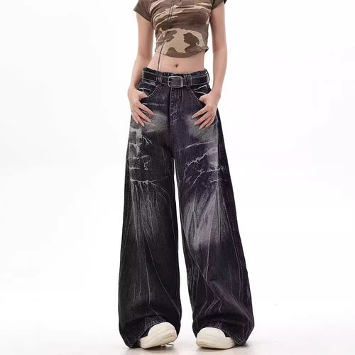Damen Weite Jeanshose mit modischem Used-Look und hohem Bund R&B